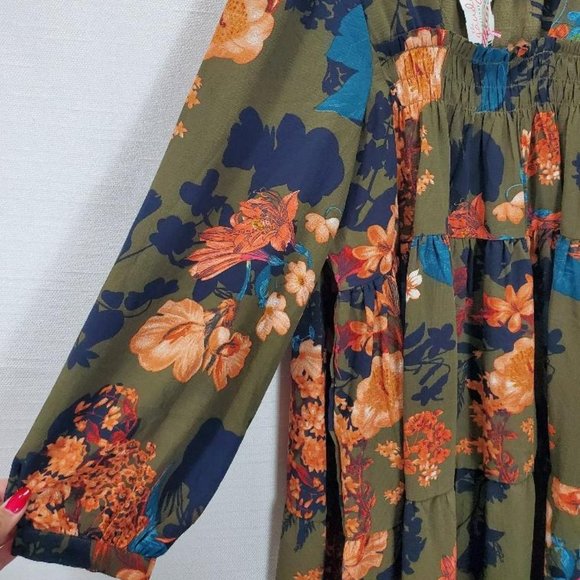 Umgee Dress Womens M Green Floral Mini Balloon Sleeves Boho Prairie Square Neck - Picture 2 of 8